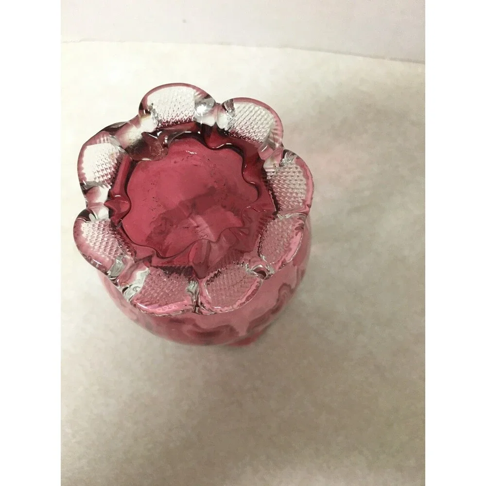 VINTAGE  CRANBERRY GLASS CLEAR PETAL FEET TULIP SHAPE RUFFLED NECK  VASE 4